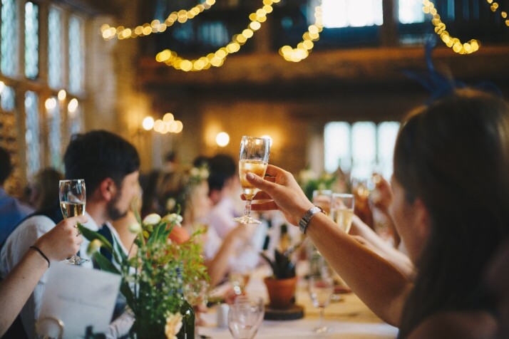 People raising their glasses to make a toast during a celebratory dinner.