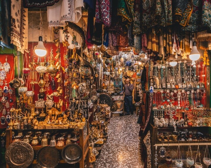 A gift shop that sells authentic middle eastern articles in a bazaar.